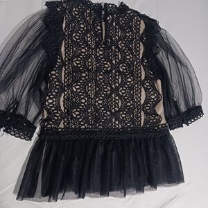 Girls Black Lace & Tulle Peplum Top